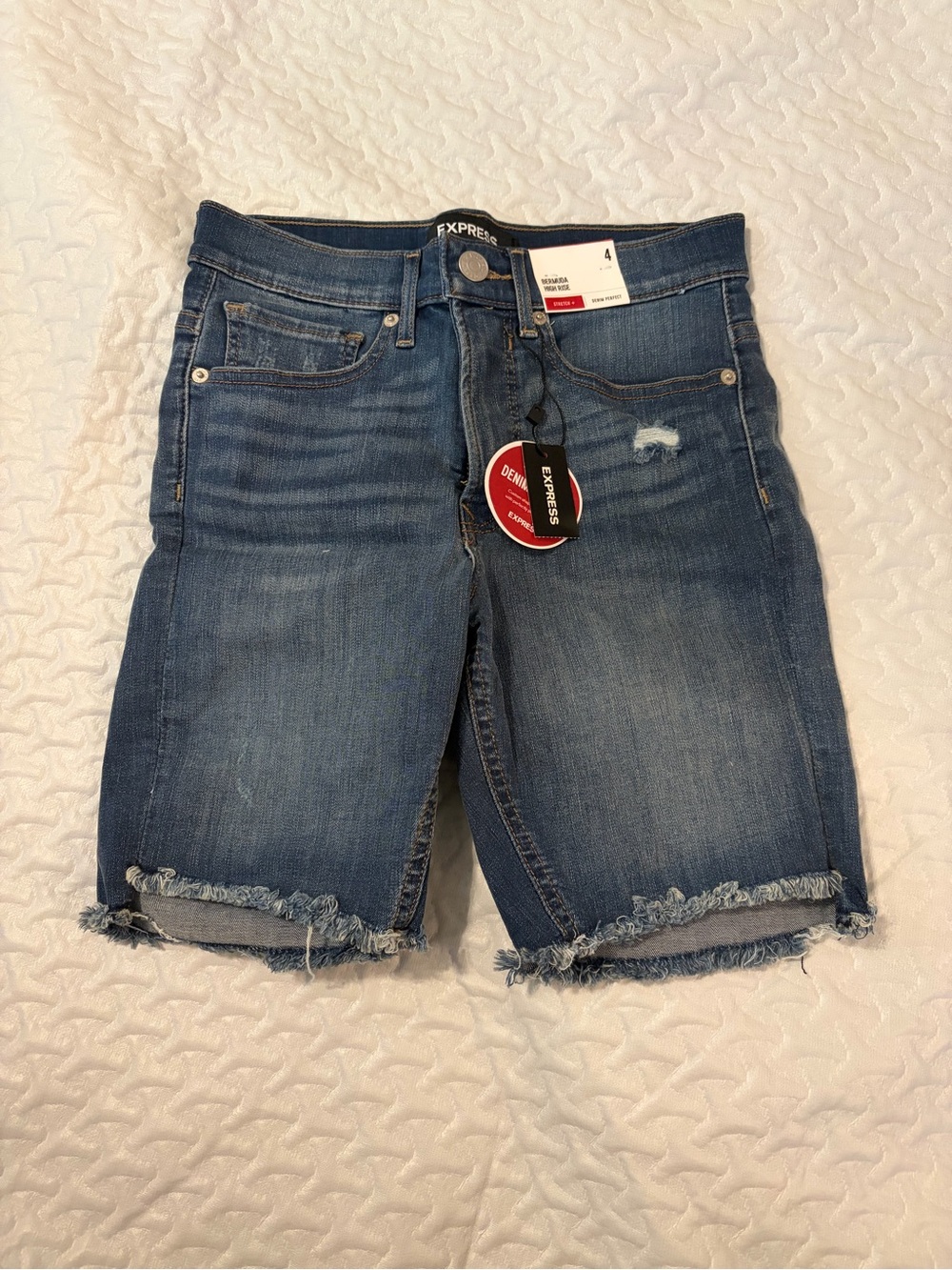 Express Women's Medium Blue Distressed Denim Bermuda Shorts